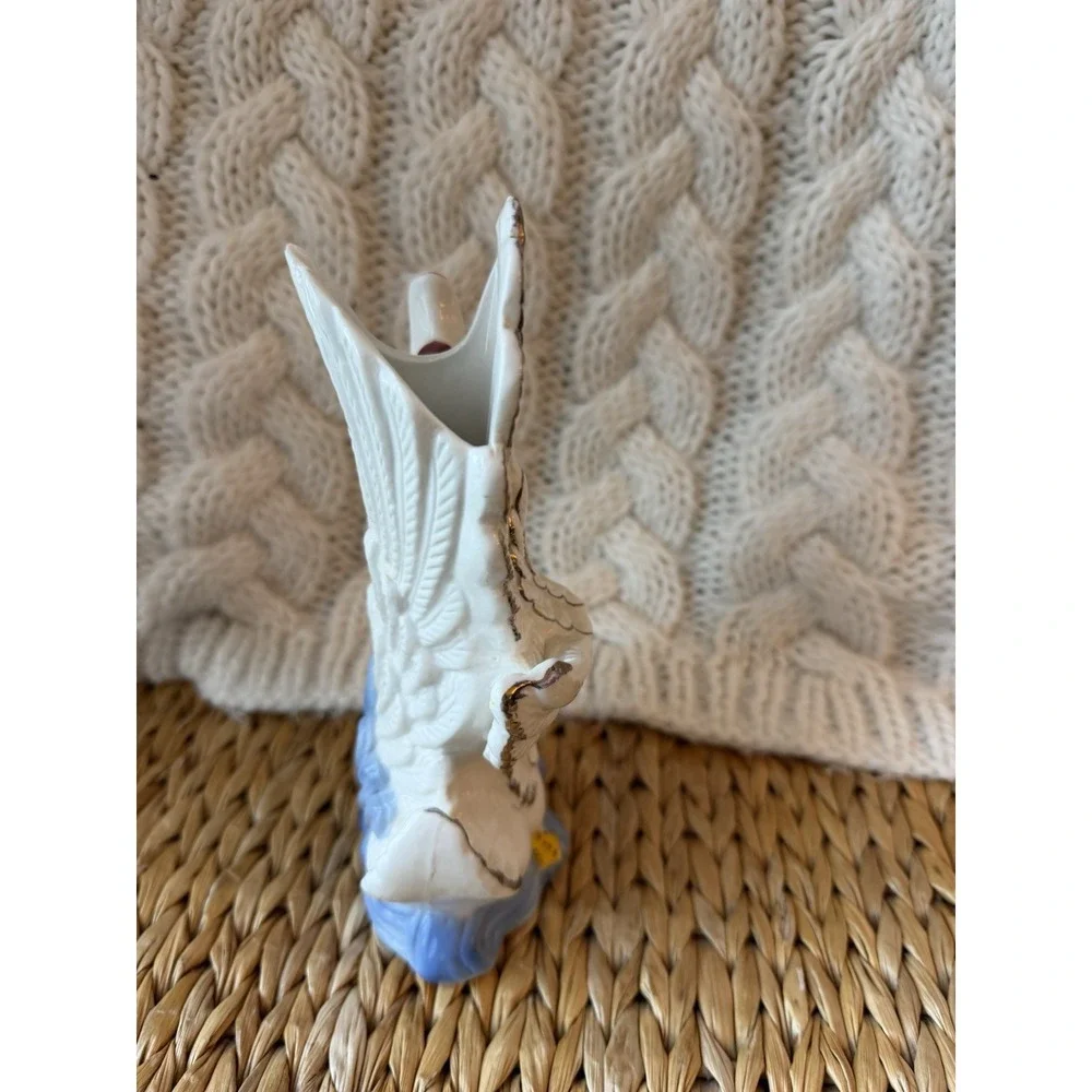 Vintage White Ceramic Swan Vase Country Cottagecore Polka Dot Bow Figurine